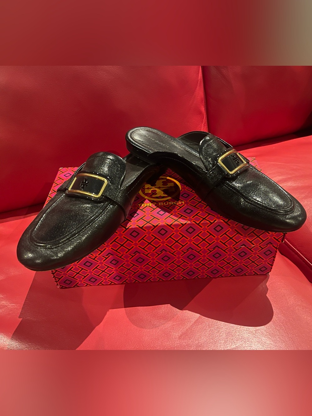 Tory Burch Black Leather Slip-On Loafers with Gold Buckle